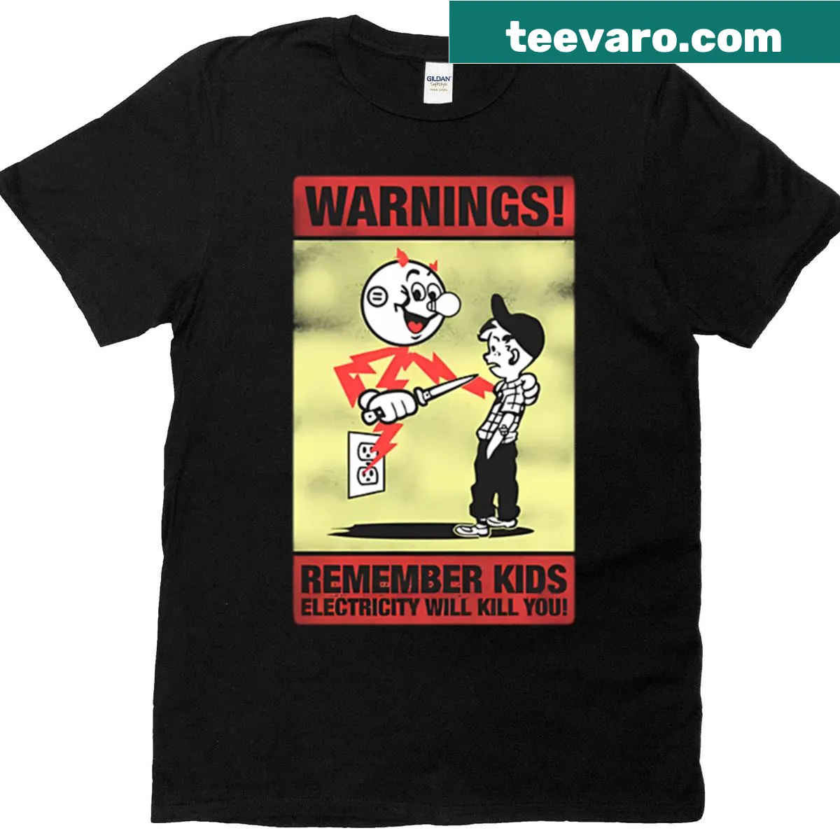 Funny safety tee with the phrase: Remember Kids, Electricity Will Kill You — on a men's t-shirt