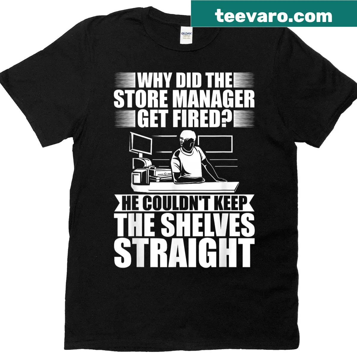 Retail management themed T-shirt featuring typography related to store management — on a men's t-shirt
