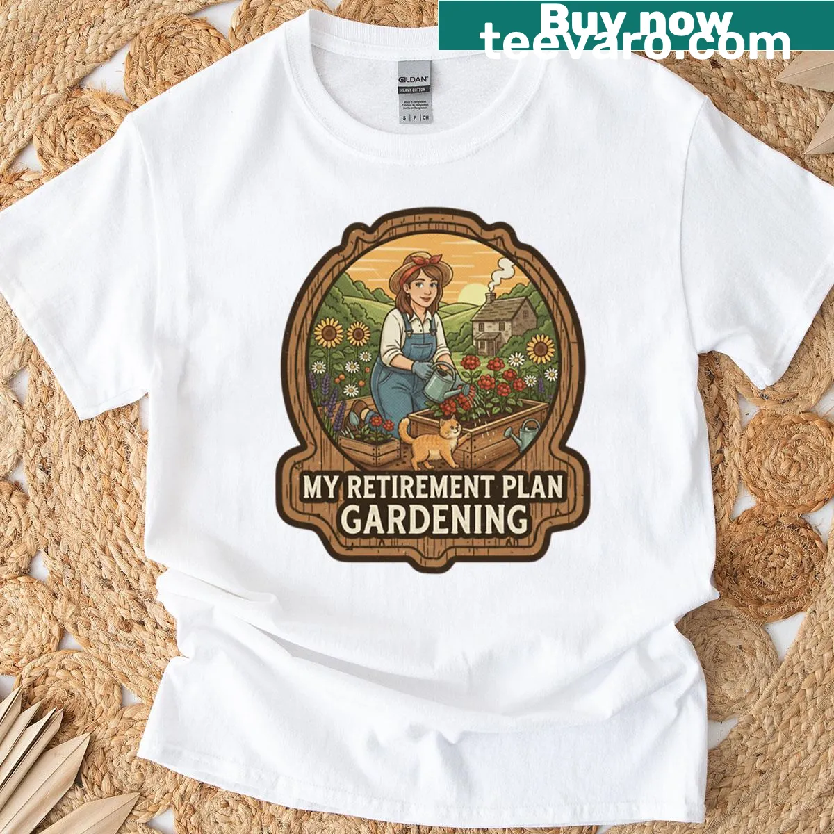 Illustrative gardening-themed t-shirt with a humorous retirement plan — on a men's t-shirt