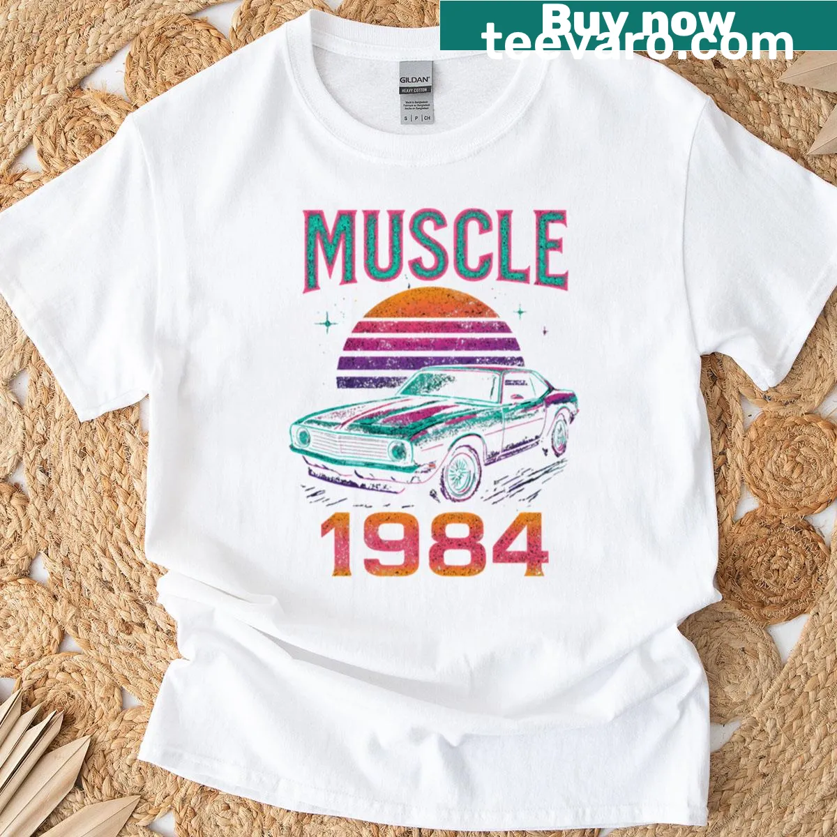 Synthwave art graphic of an 80s muscle car on a t-shirt — on a men's t-shirt