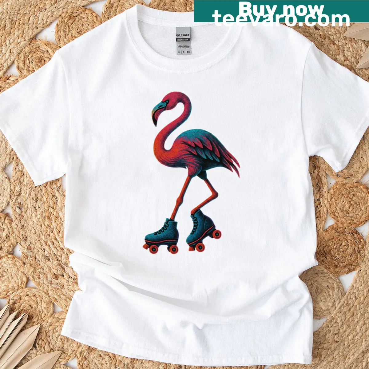 Flamingo roller skating graphic t-shirt inspired by the 80s. — on a men's t-shirt