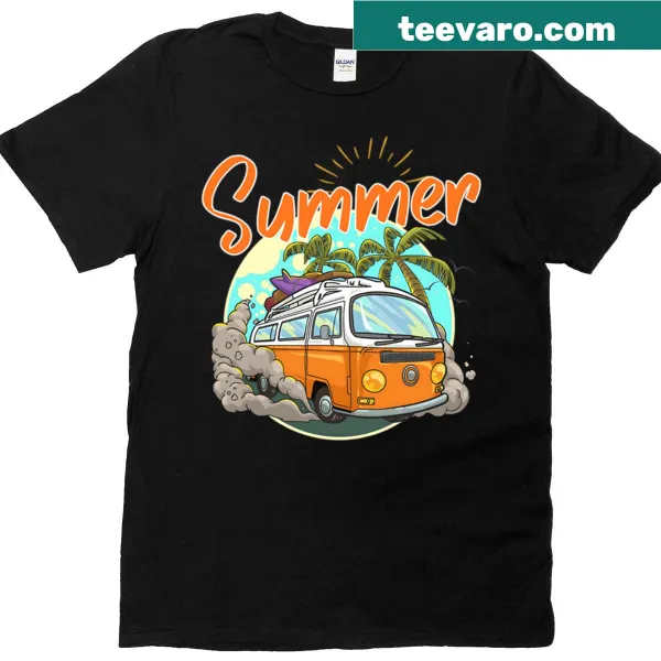Illustrated retro beach van graphic for summer adventures.