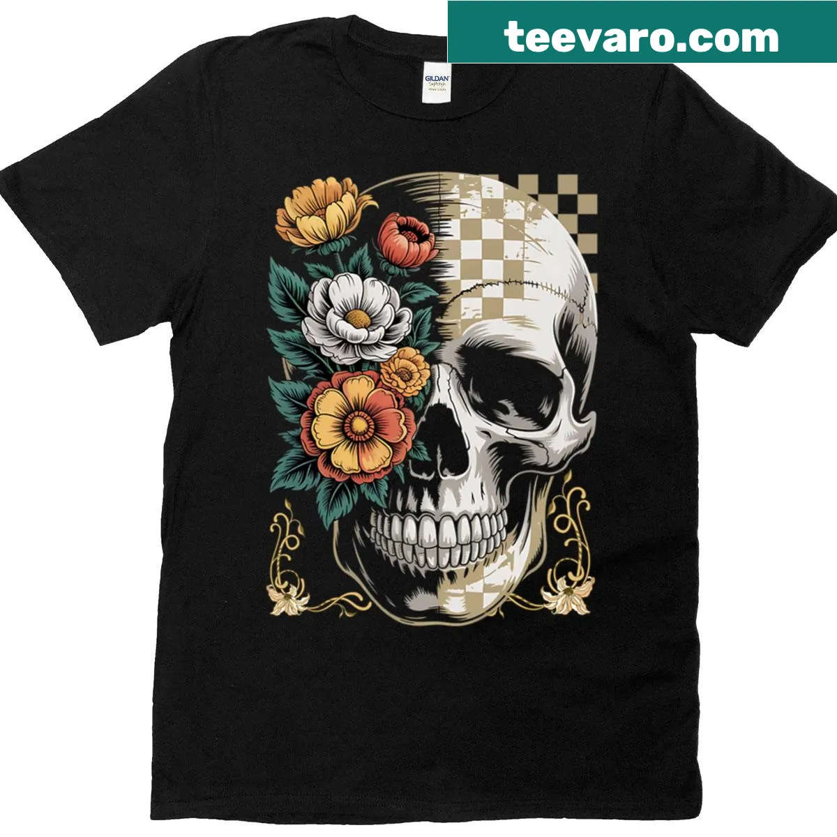 Vintage floral skull and skeleton graphic on T-shirt. — on a men's t-shirt