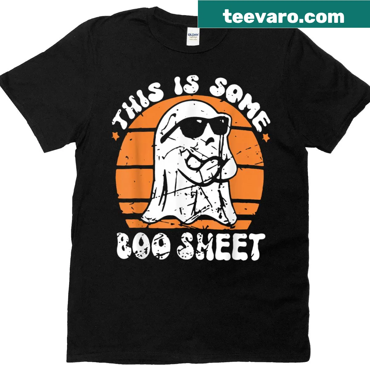 Ghost with glasses and funny text This Is Some Boo Sheet for Halloween — on a men's t-shirt