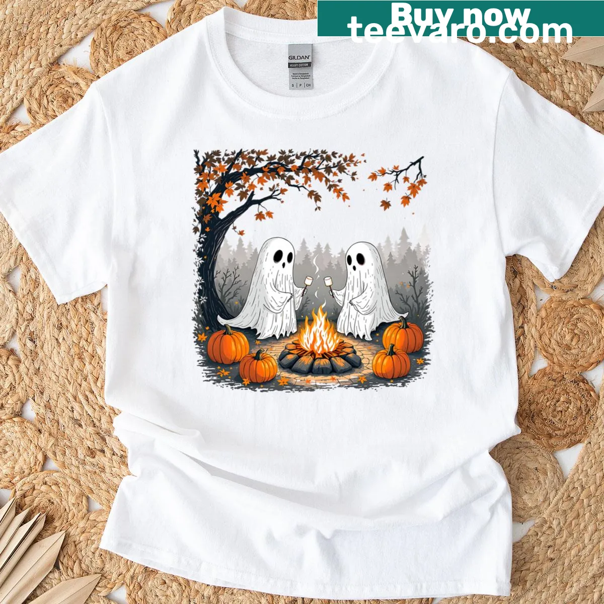 Retro-style t-shirt featuring playful ghosts around a campfire — on a men's t-shirt