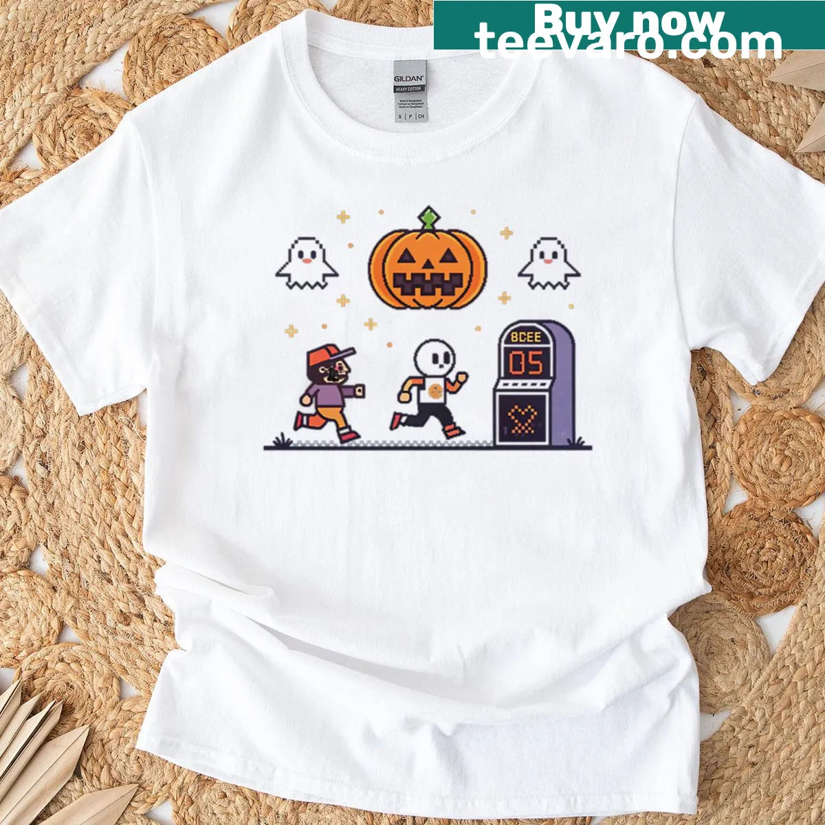 Super Mario-inspired spooky pixel art T-shirt for Halloween — on a men's t-shirt