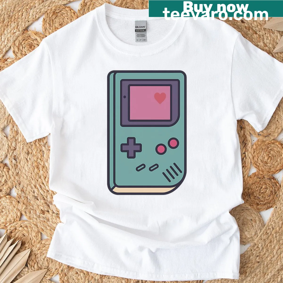 T-shirt featuring a retro handheld gaming console graphic — on a men's t-shirt