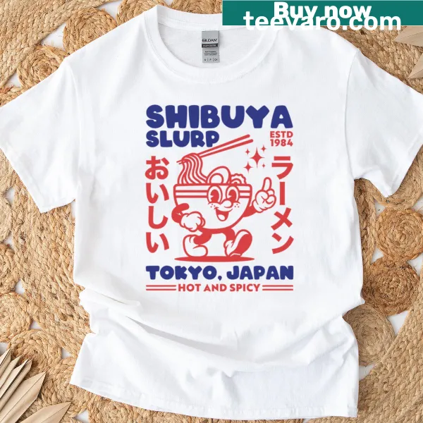 Cartoon T-shirt featuring a retro mascot of Tokyo ramen noodles