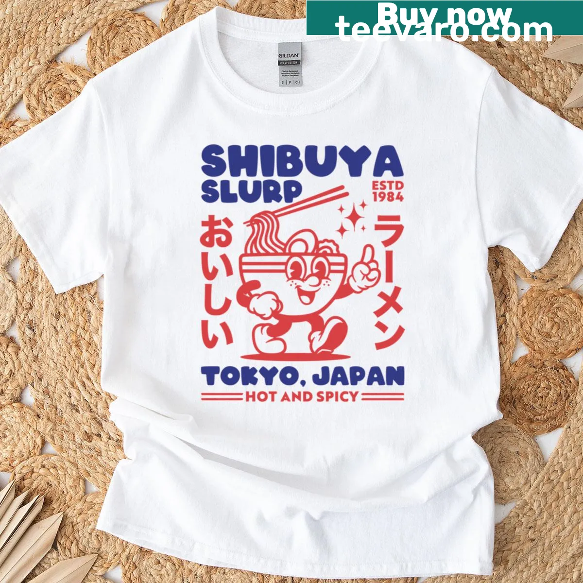 Cartoon T-shirt featuring a retro mascot of Tokyo ramen noodles — on a men's t-shirt