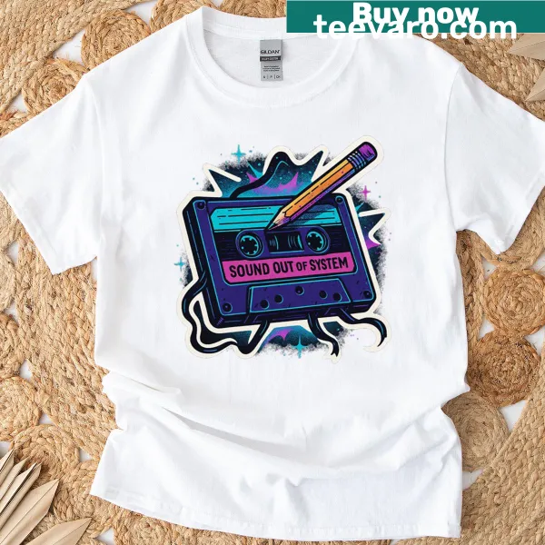 Graphic of a retro cassette design in glitch art style T-shirt