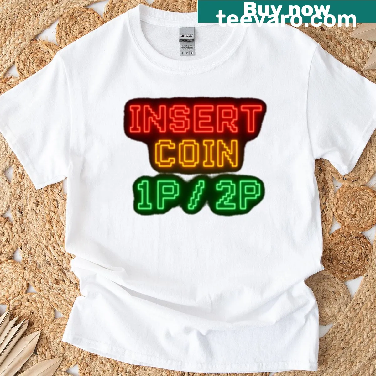 Retro arcade t-shirt with Insert Coin graphic in neon style — on a men's t-shirt