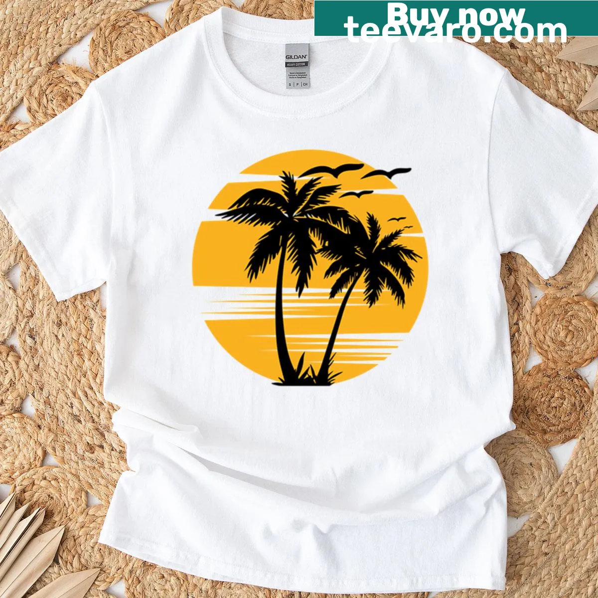 Illustration of a retro sunset with palm trees on a T-shirt — on a men's t-shirt