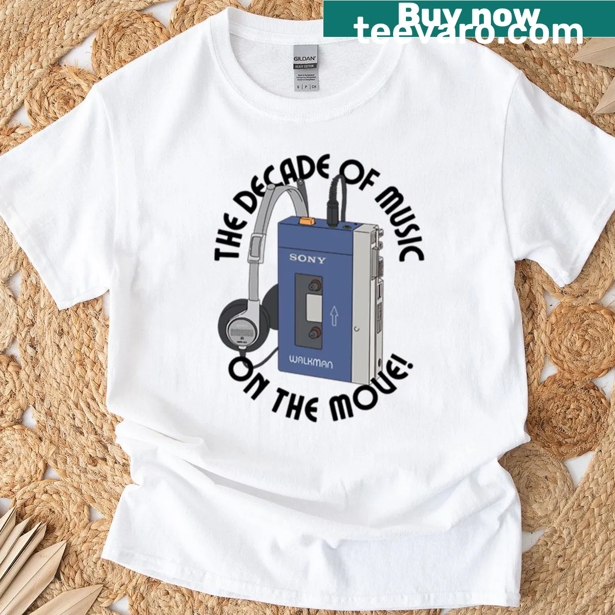 Vintage Walkman graphic on a T-shirt celebrating music — on a men's t-shirt