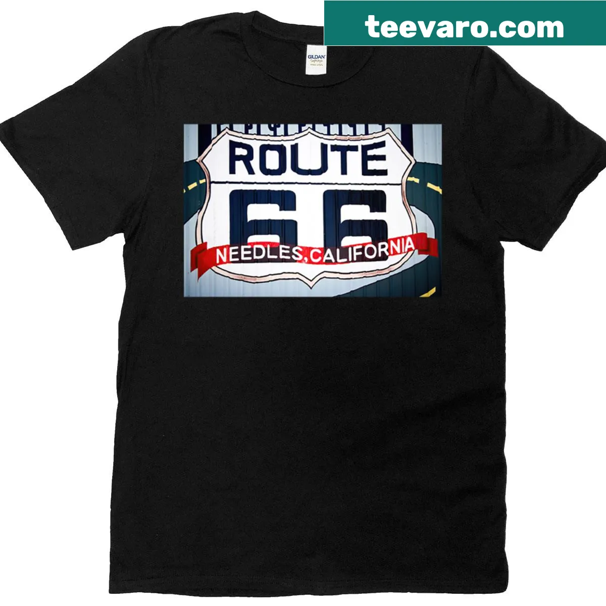 Oversized T-shirt with vintage Route 66 garage door sign graphic — on a men's t-shirt