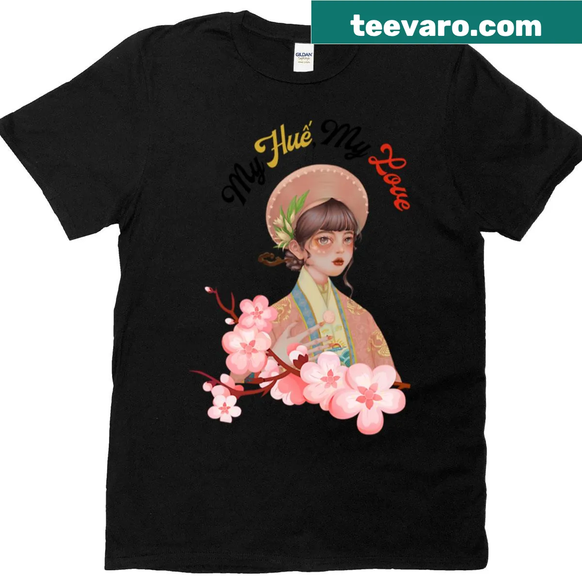 Illustrative T-shirt featuring a girl in pink Nhat Binh with floral blossoms — on a men's t-shirt