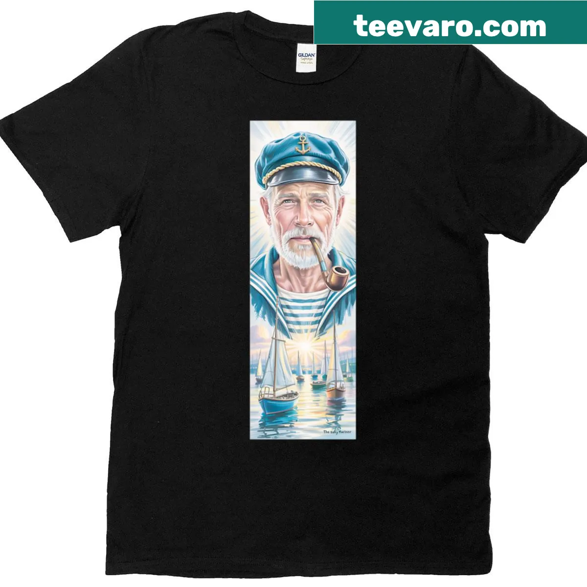Vintage-style T-shirt featuring an old sailor with a pipe and sailboats — on a men's t-shirt
