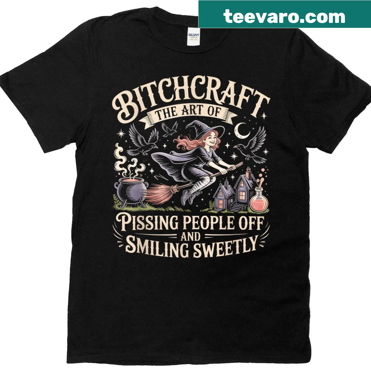 Sarcastic witch quote printed on Halloween-themed T-shirt — on a men's t-shirt