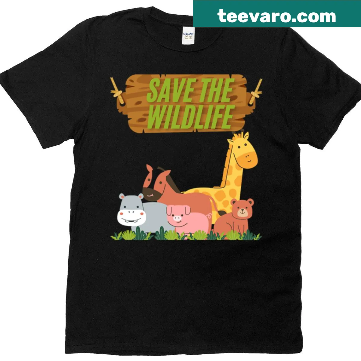 Cute cartoon animals graphic promoting wildlife conservation. — on a men's t-shirt