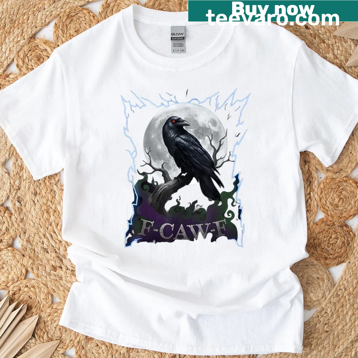 Halloween T-shirt featuring a raven and full moon graphic — on a men's t-shirt