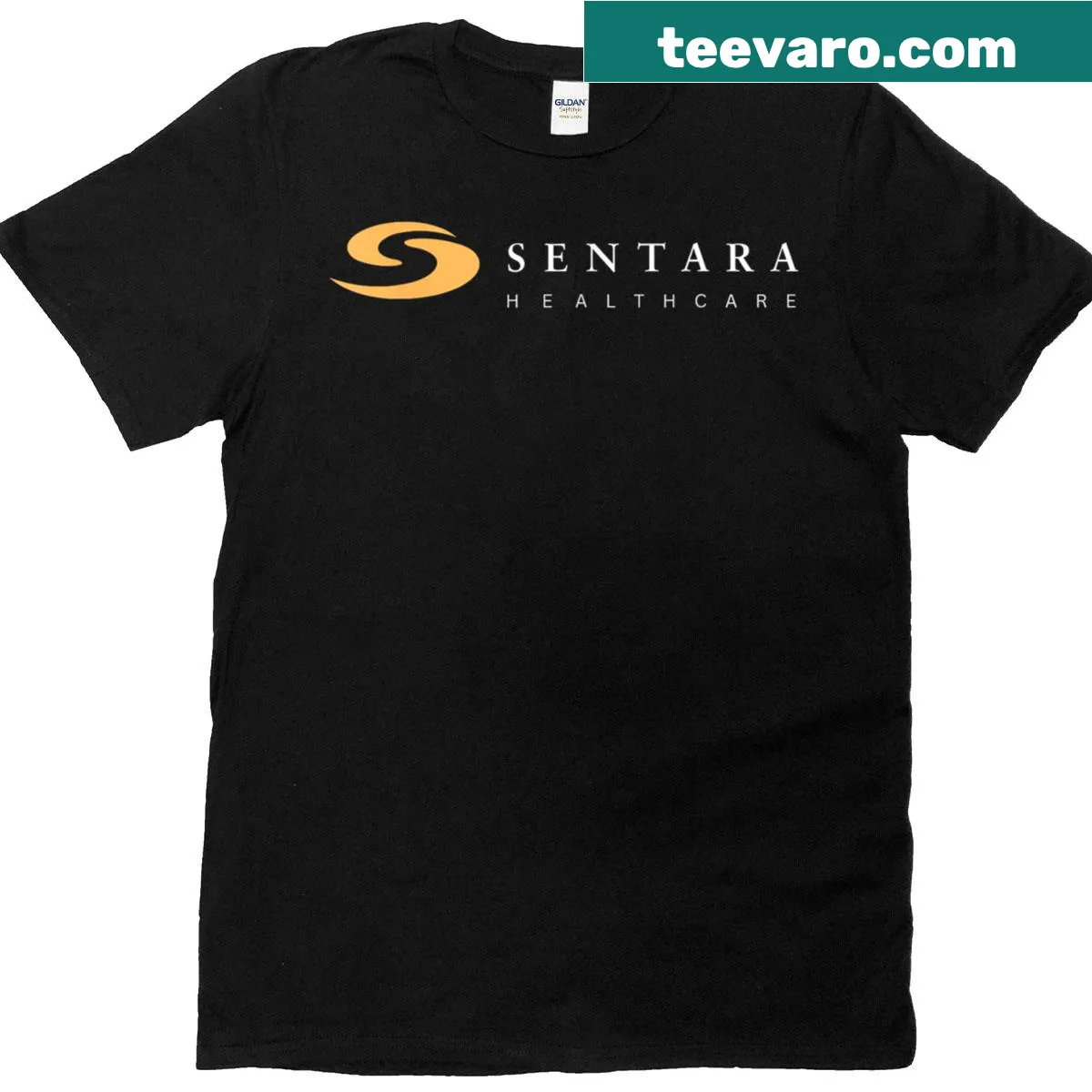 Minimalist t-shirt with Sentara Healthcare logo in gold. — on a men's t-shirt