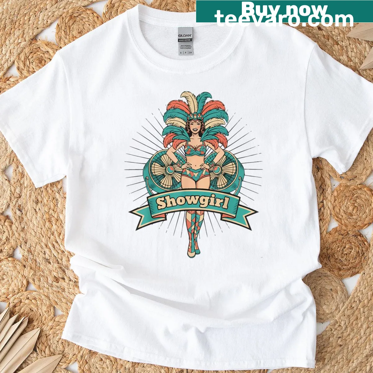 Carnival-themed T-shirt with showgirl costume illustration — on a men's t-shirt