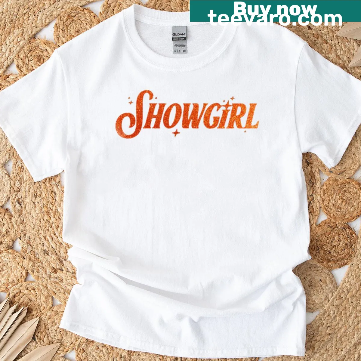 Oversized t-shirt with glitter text reading 'Showgirl'. — on a men's t-shirt