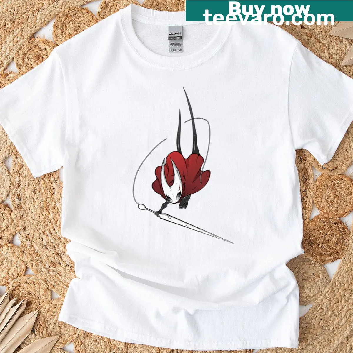 Cartoon graphic of Hornet from Hollow Knight on a T-shirt — on a men's t-shirt