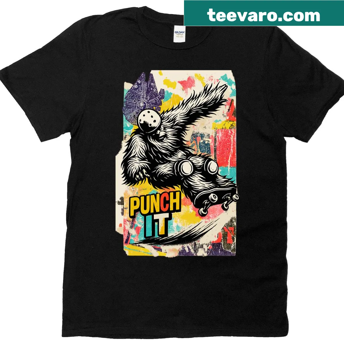 Playful skating design among stars on a T-shirt — on a men's t-shirt