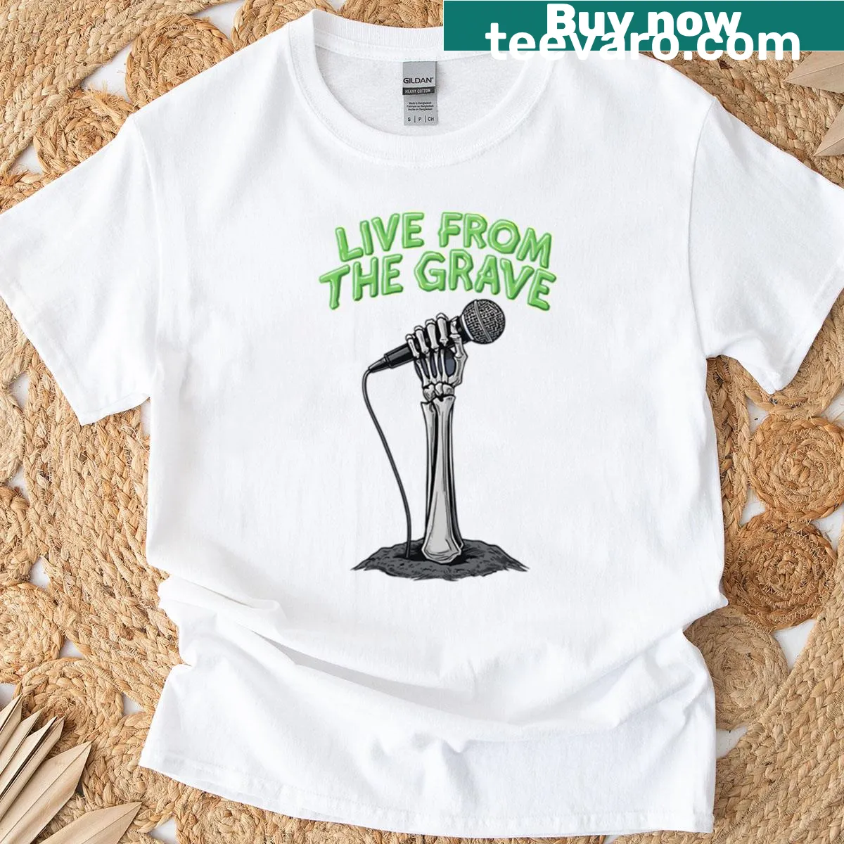 Horror-themed T-shirt with skeleton graphic and mic drop design — on a men's t-shirt