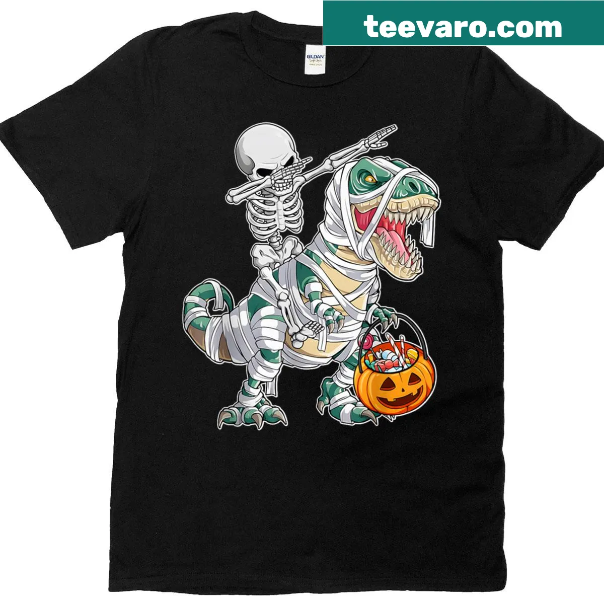 Funny Halloween T-shirt with skeleton riding dancing T-Rex — on a men's t-shirt