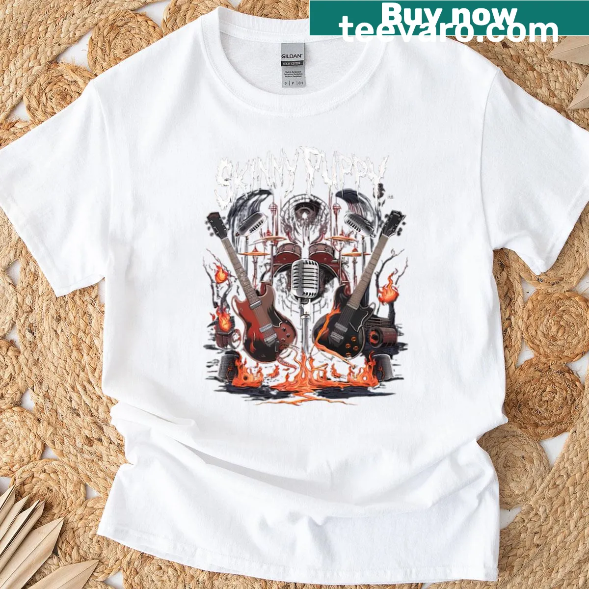 Graphic tee featuring Skinny Puppy name in bold font — on a men's t-shirt