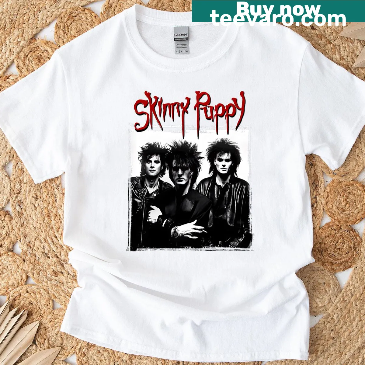 Bold graphic T-shirt dedicated to the band Skinny Puppy — on a men's t-shirt