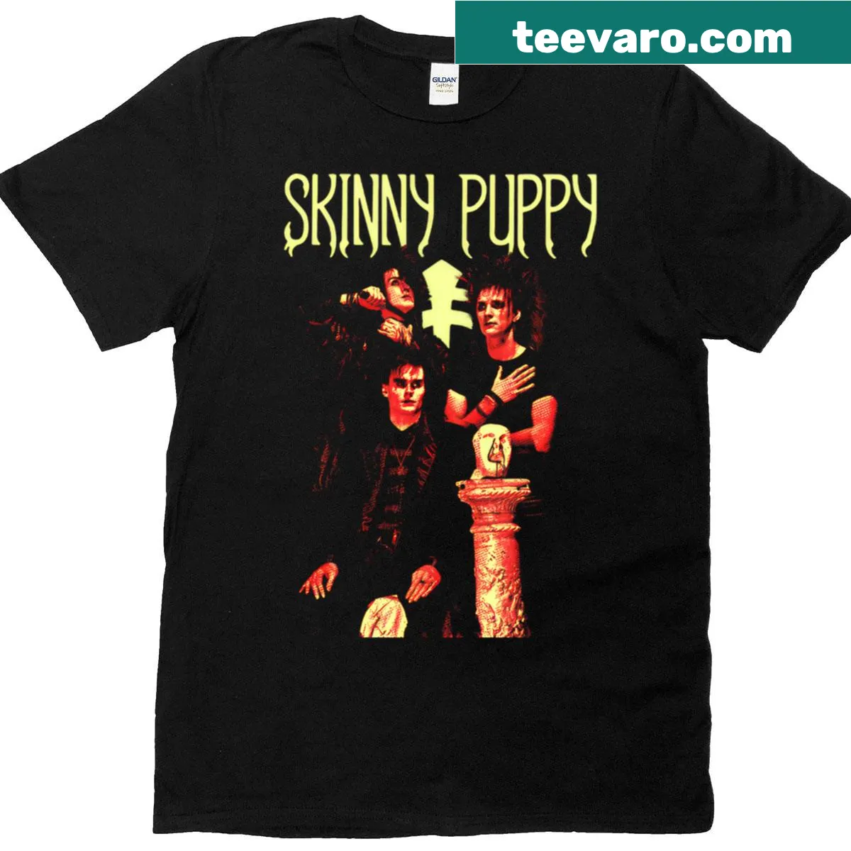 T-shirt with Skinny Puppy graphic design for gothic rock fans — on a men's t-shirt