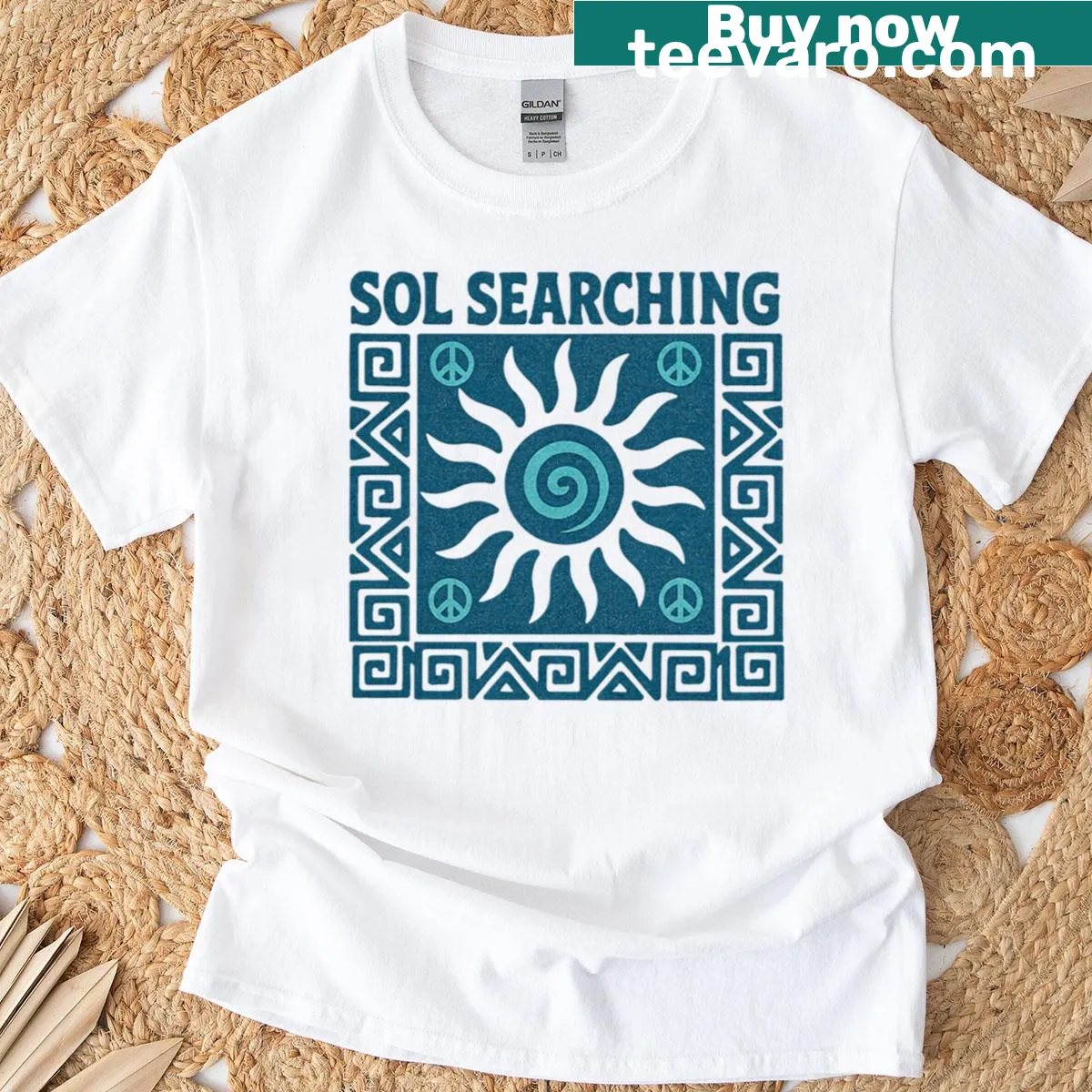 T-shirt with sun spiral and peace sign illustration — on a men's t-shirt