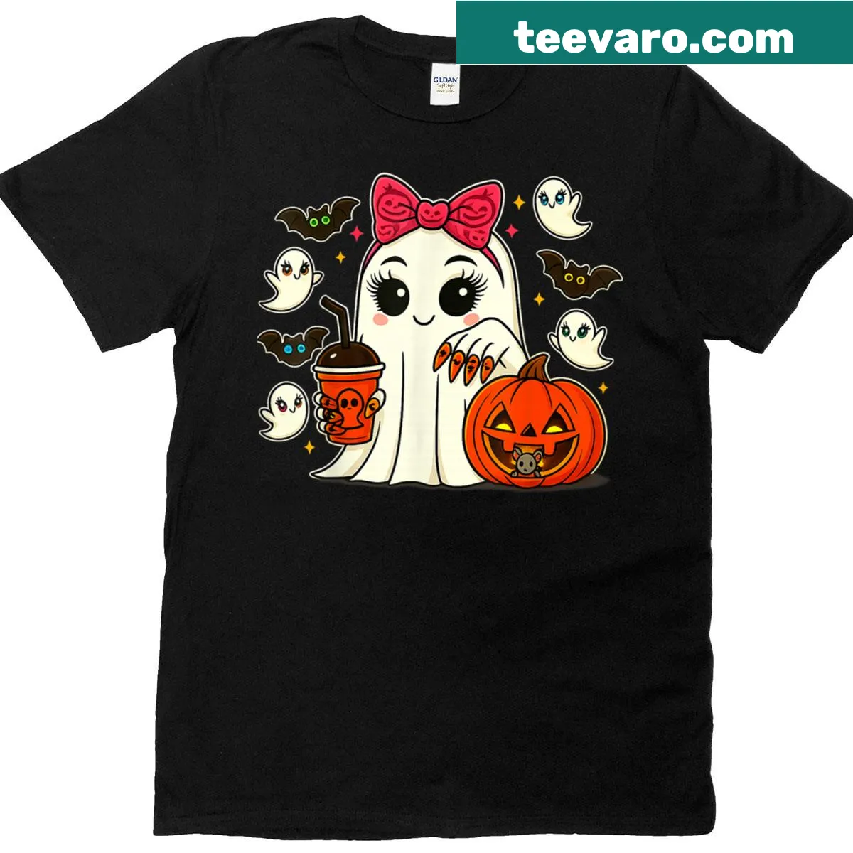 Chic cartoon ghost graphic on T-shirt for Halloween — on a men's t-shirt
