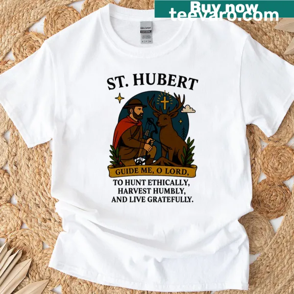 T-shirt featuring St. Hubert design representing outdoor hunting spirituality