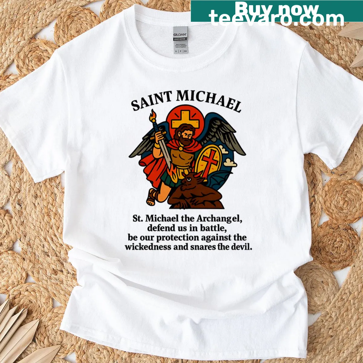 St. Michael the Archangel emblem on a T-shirt — on a men's t-shirt