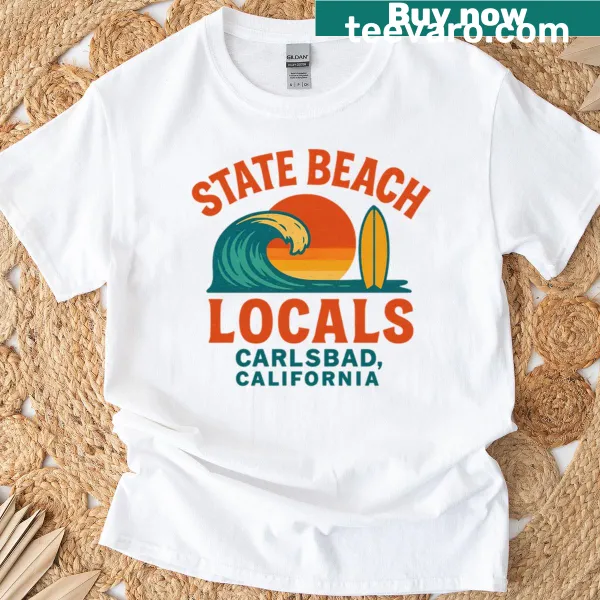 Surf-themed t-shirt with whimsical beach and surfboard illustration