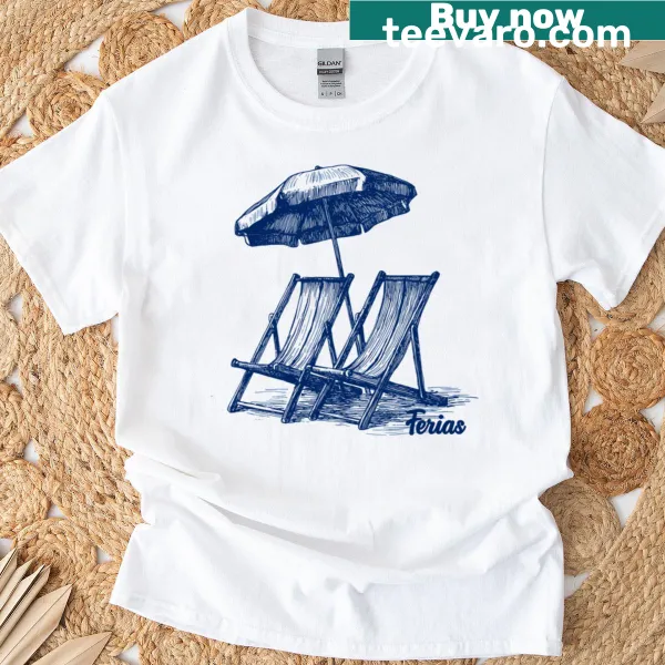 Charming t-shirt featuring beach chairs and coastal art