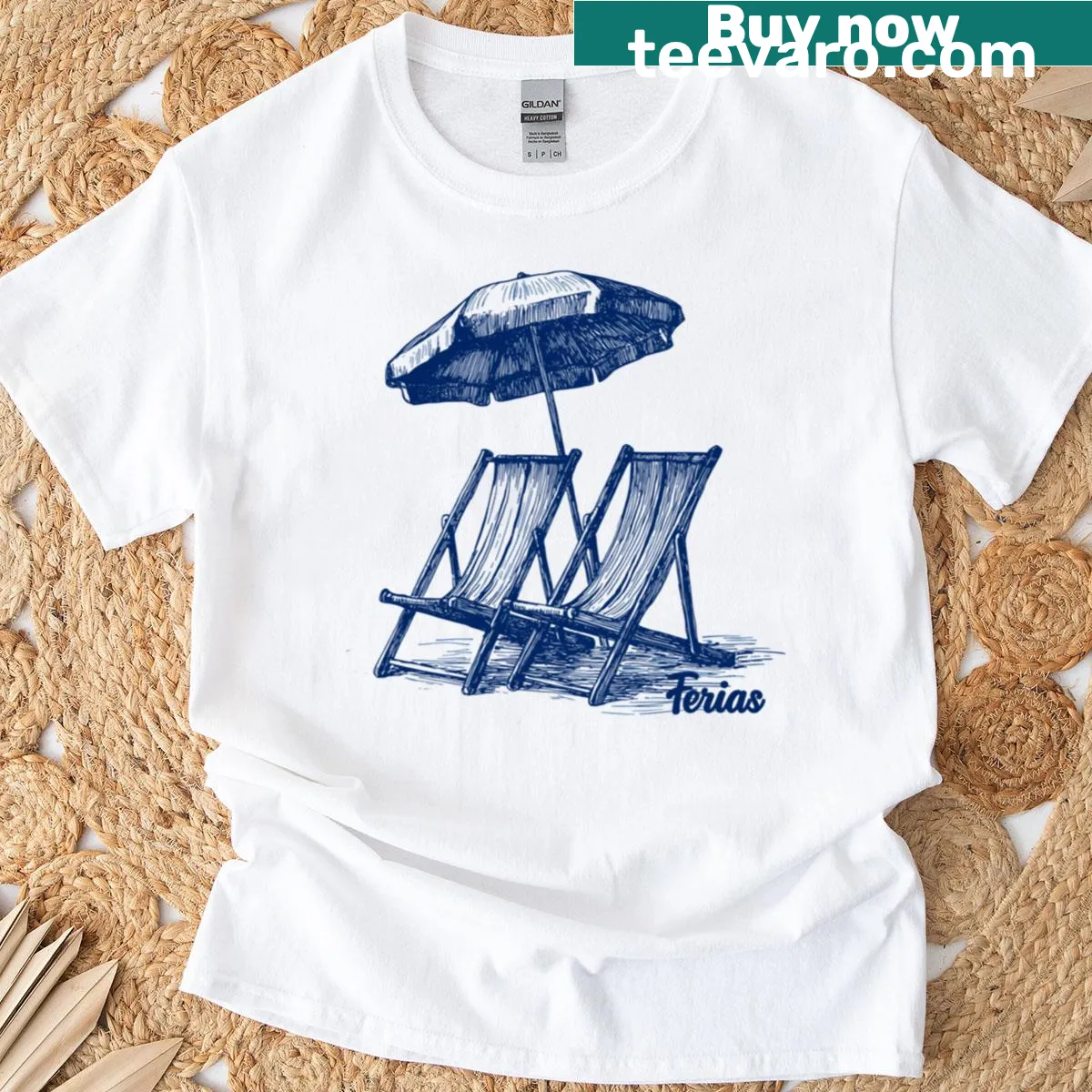 Charming t-shirt featuring beach chairs and coastal art — on a men's t-shirt