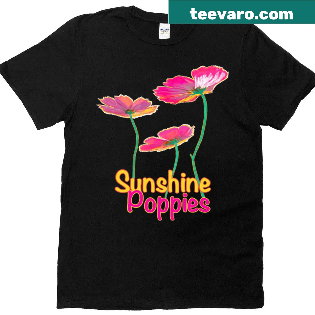 Floral T-shirt with poppies design under sunshine — on a men's t-shirt