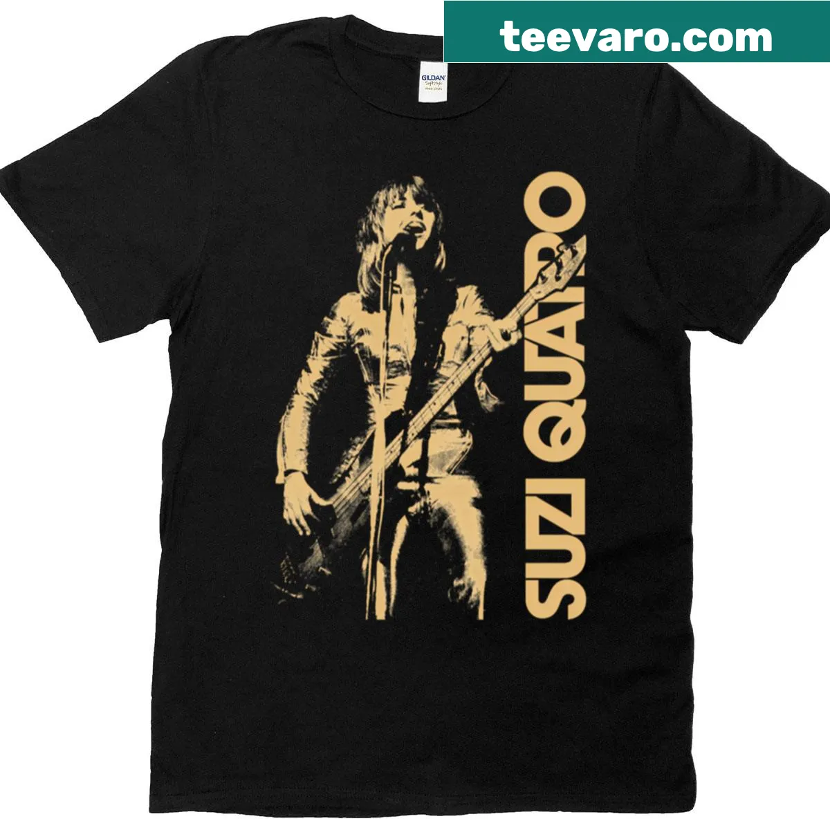 Illustration of Suzi Quatro on a rock-themed t-shirt — on a men's t-shirt
