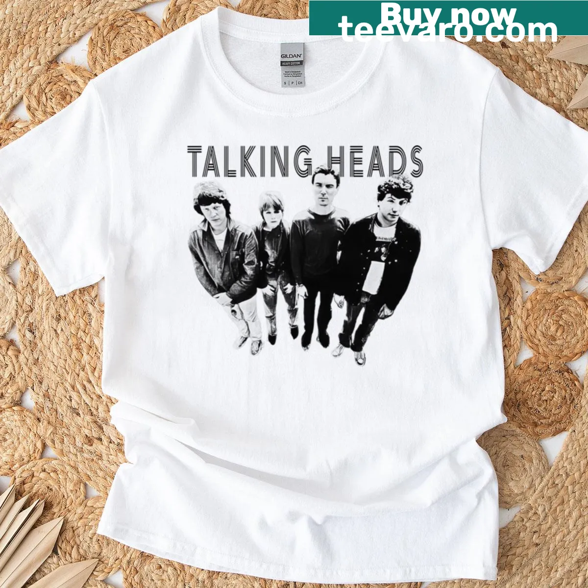 Distressed graphic of Talking Heads on a retro t-shirt — on a men's t-shirt
