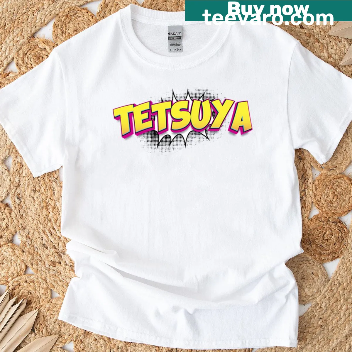 Fitted pop art T-shirt featuring the name Tetsuya in comic book style. — on a men's t-shirt