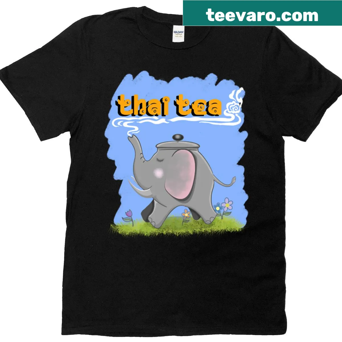 Illustration of an elephant drinking Thai tea on a t-shirt — on a men's t-shirt