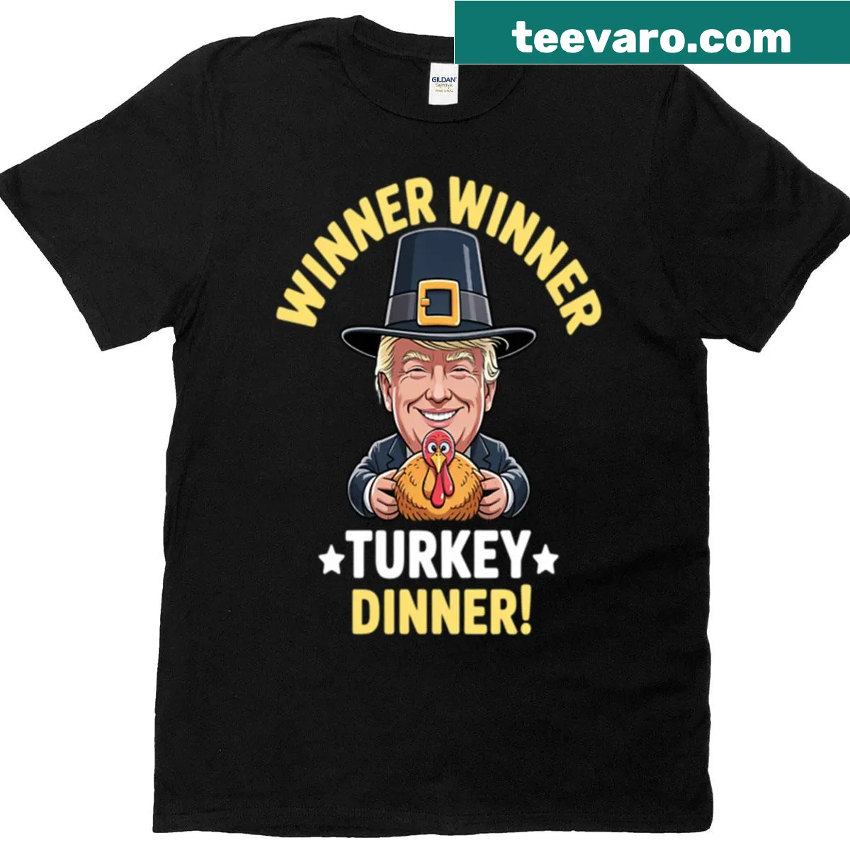 Funny Thanksgiving T-shirt featuring Donald Trump and turkey design — on a men's t-shirt
