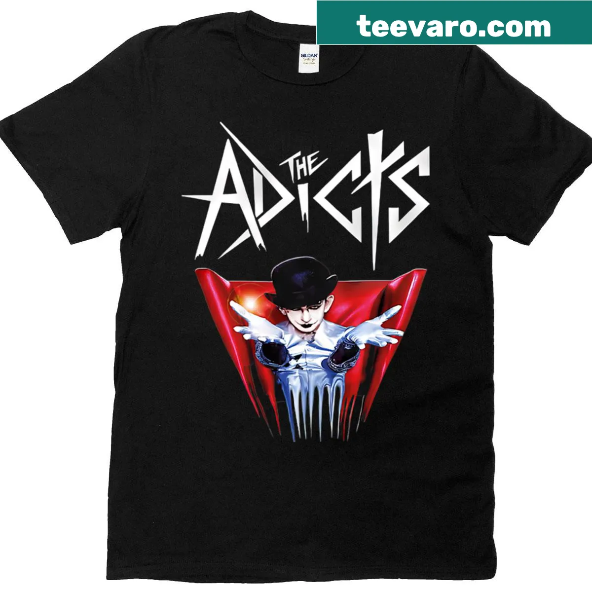 Vintage Adicts band t-shirt with playful graphic — on a men's t-shirt