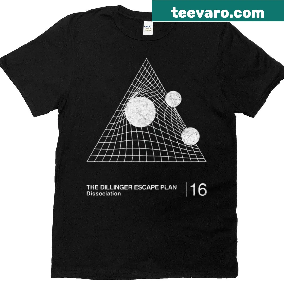 Minimalist graphic design tribute to The Dillinger Escape Plan on a t-shirt — on a men's t-shirt
