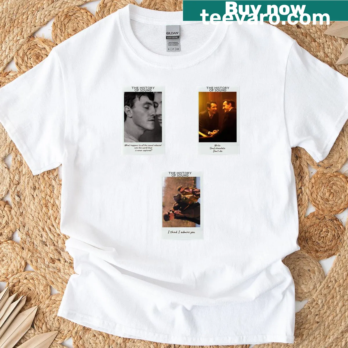 T-shirt featuring a graphic inspired by the history of sound — on a men's t-shirt