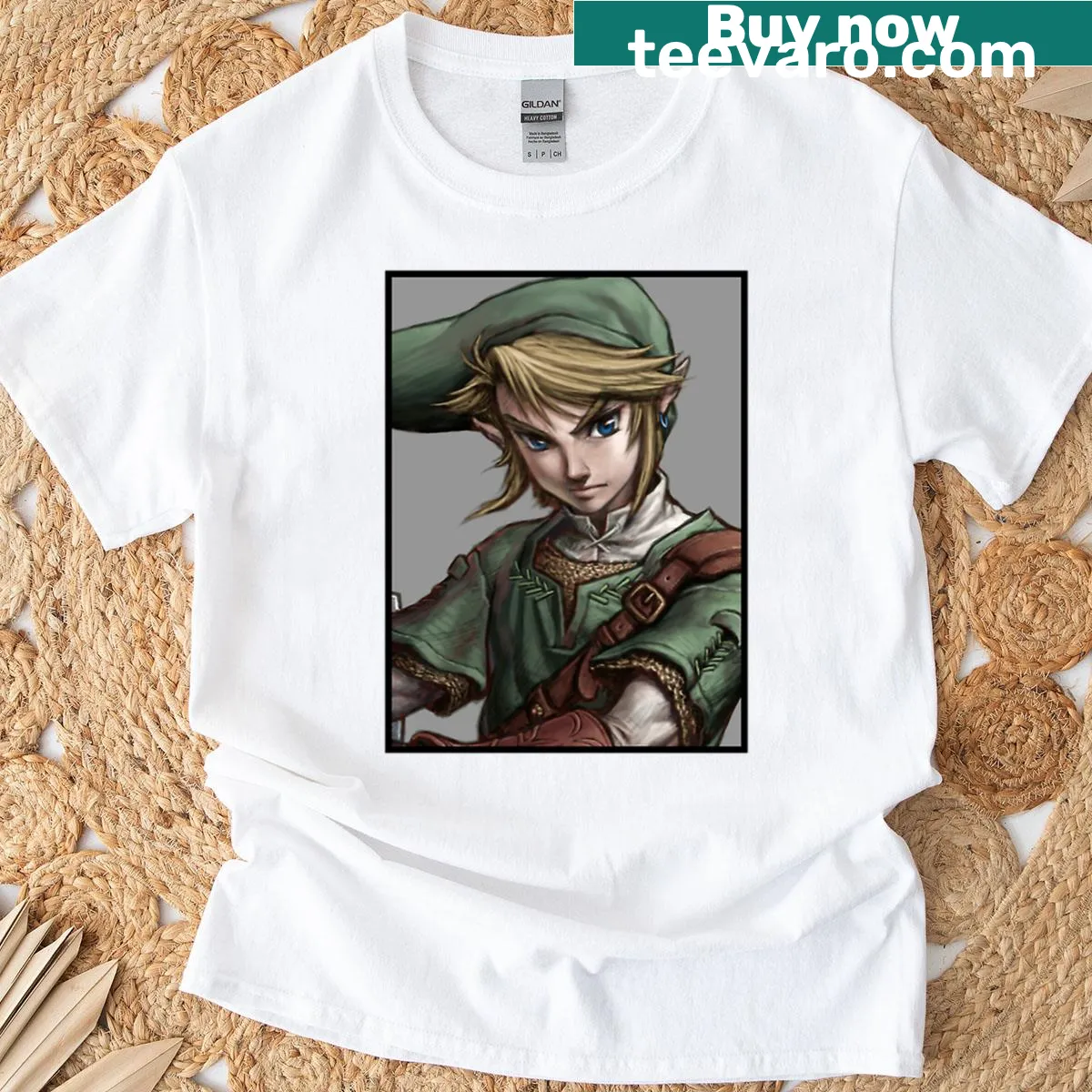 Distressed portrait of the Hero of Hyrule graphic on T-shirt. — on a men's t-shirt